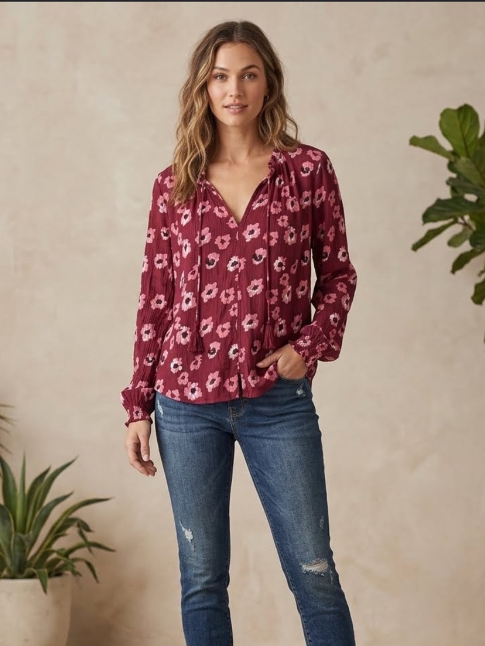 Lucky Brand Burgundy Floral Long-Sleeve V-Neck Blouse